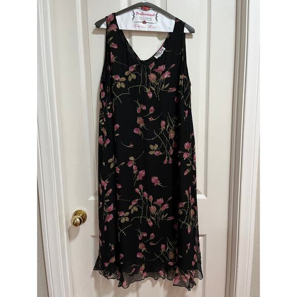 Robbie Bee 100% Silk Black Floral Beaded Midi Dress Fairy Whimsigoth Y2K 90s - Picture 1 of 8